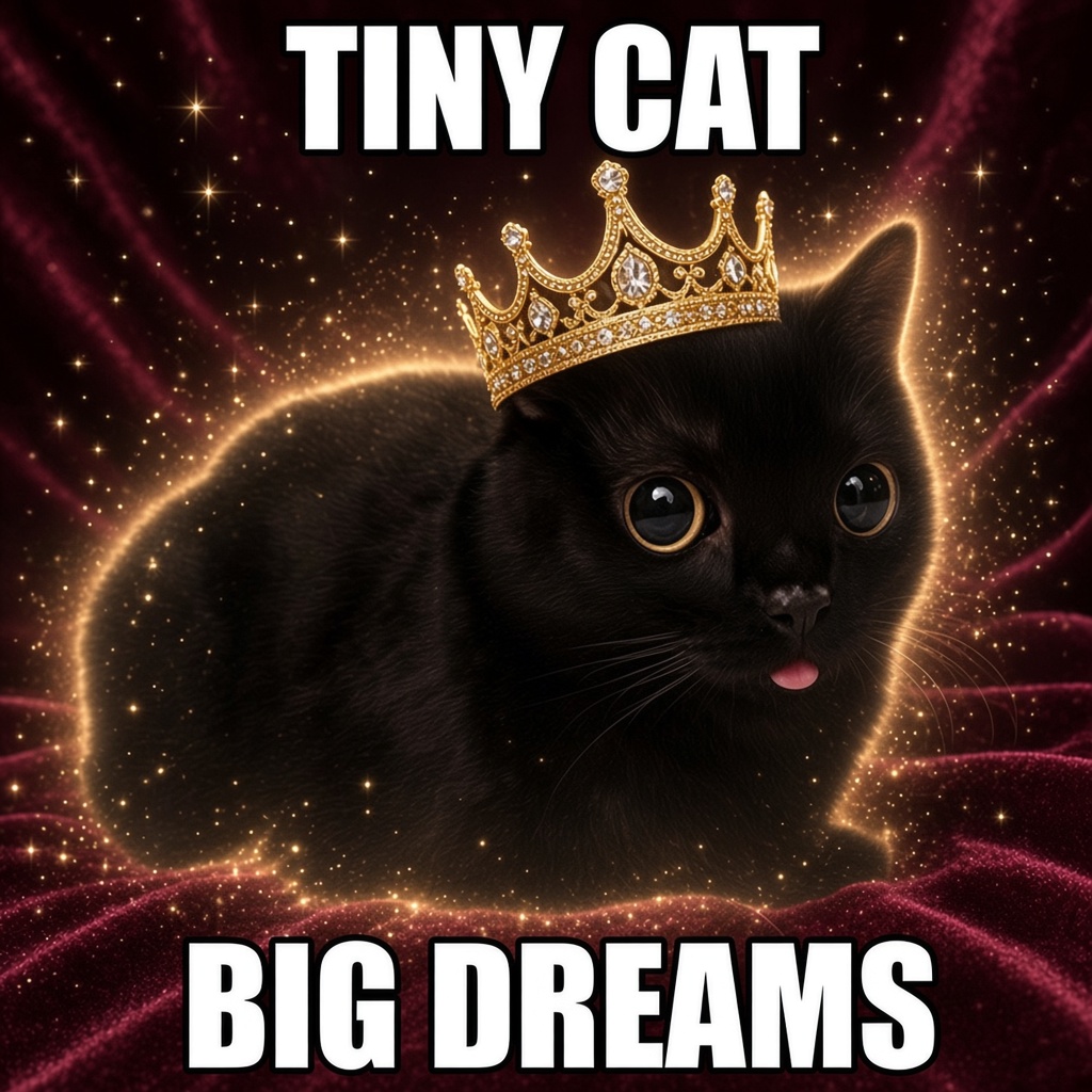 Tiny cat big dreams king meme